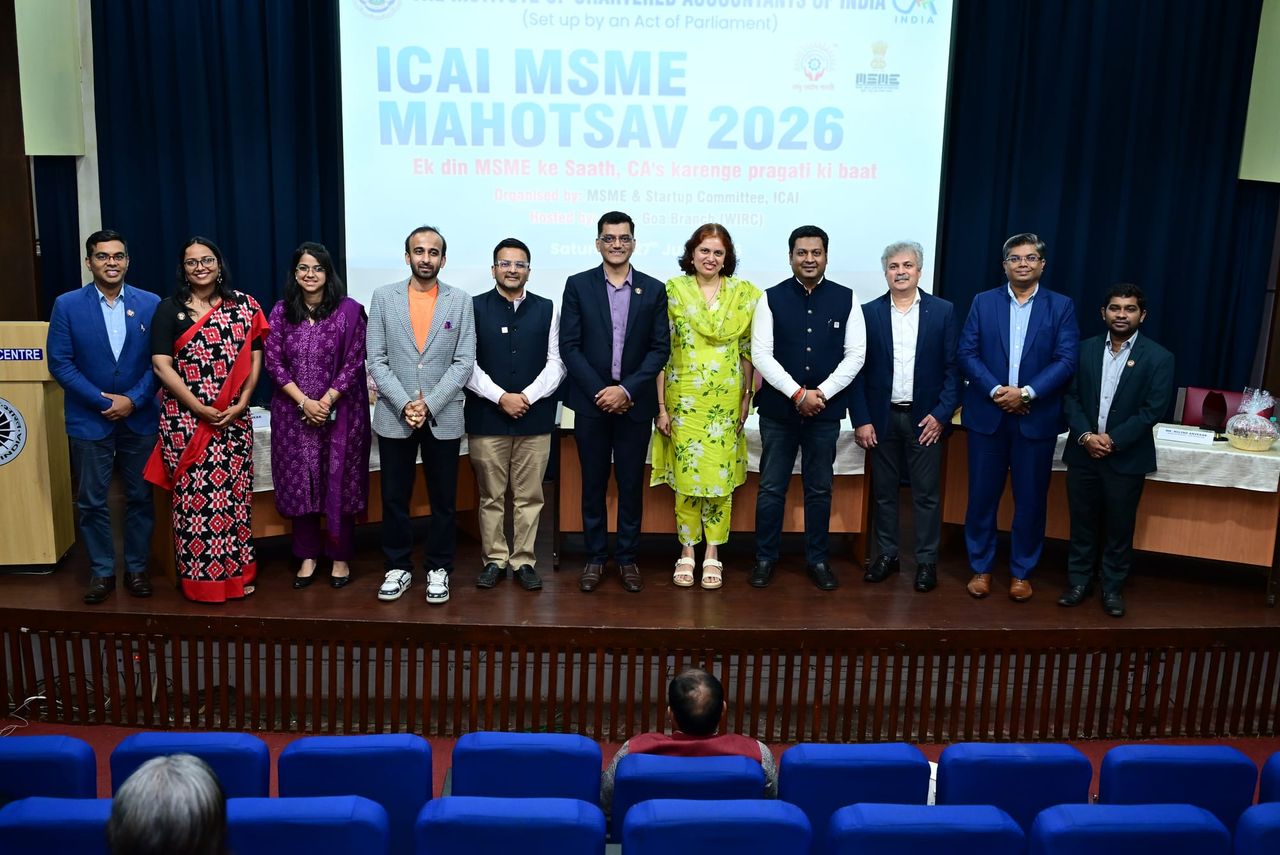 Speakers and dignitaries on stage at the ICAI MSME Mahotsav 2026 in Goa.