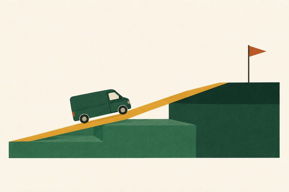 Flat illustration of a small green van climbing three broad steps up a ramp.