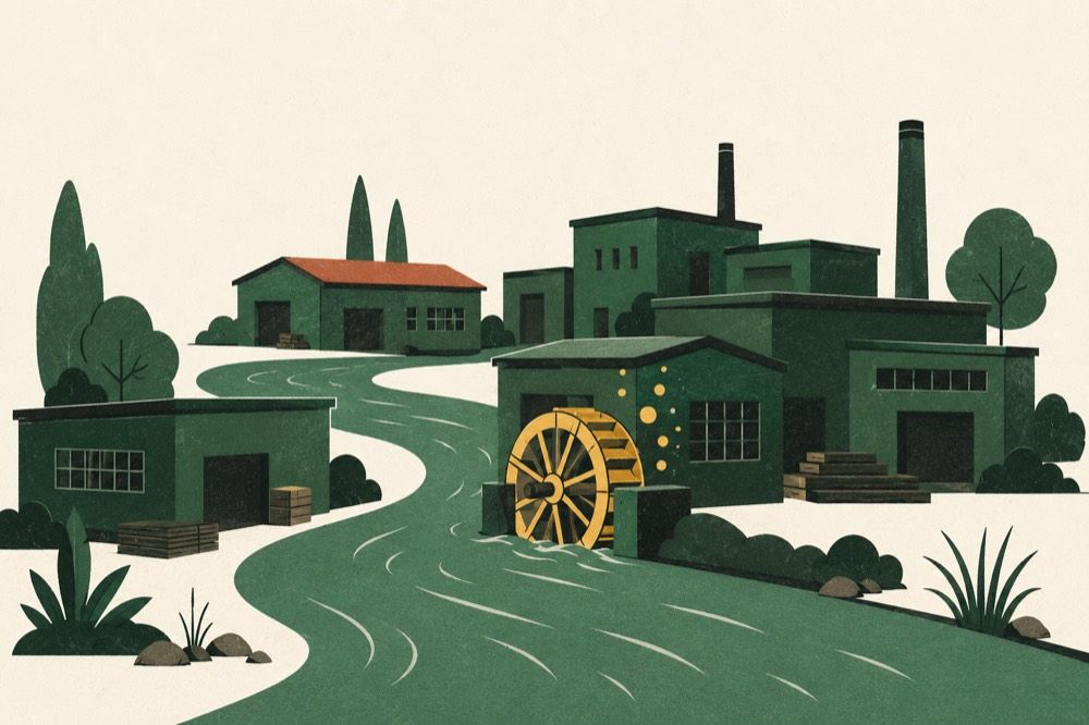 Illustration of a river turning a waterwheel through a cluster of small workshops.