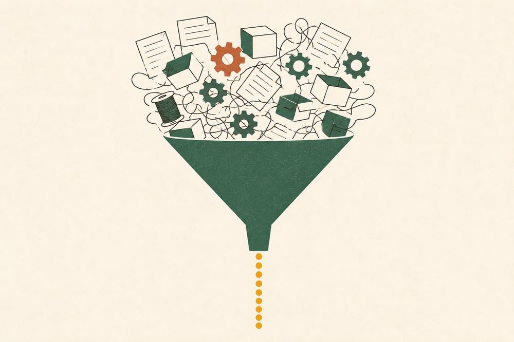 Illustration of a funnel turning a clutter of papers, boxes and cogs into one orderly stream of dots.