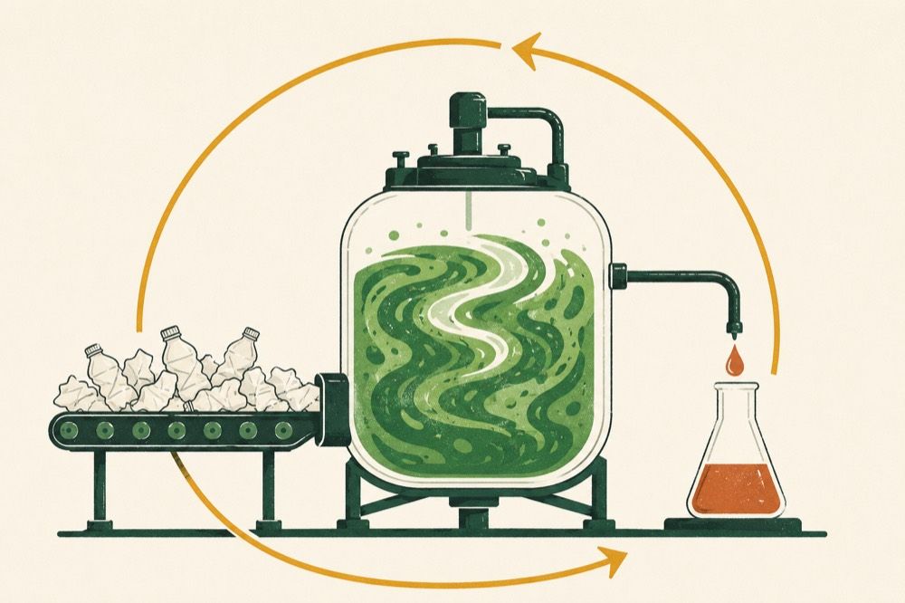 Illustration of a bioreactor turning plastic bottles into a drop of fuel.