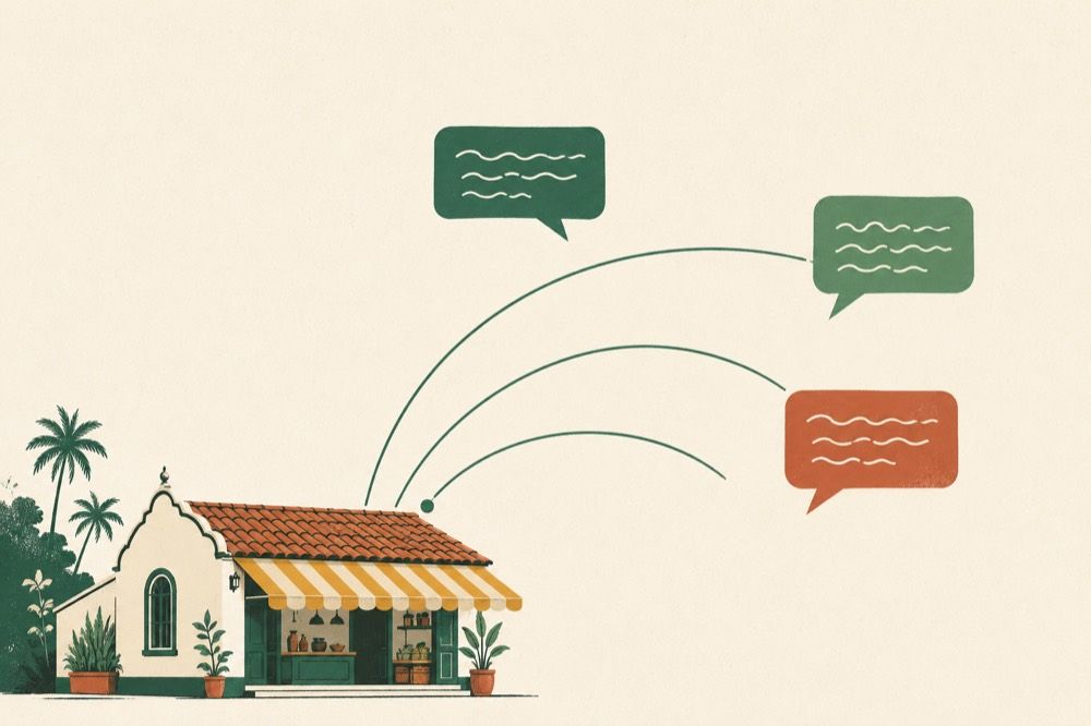 Illustration of a Goan shopfront broadcasting to chat bubbles in the sky.