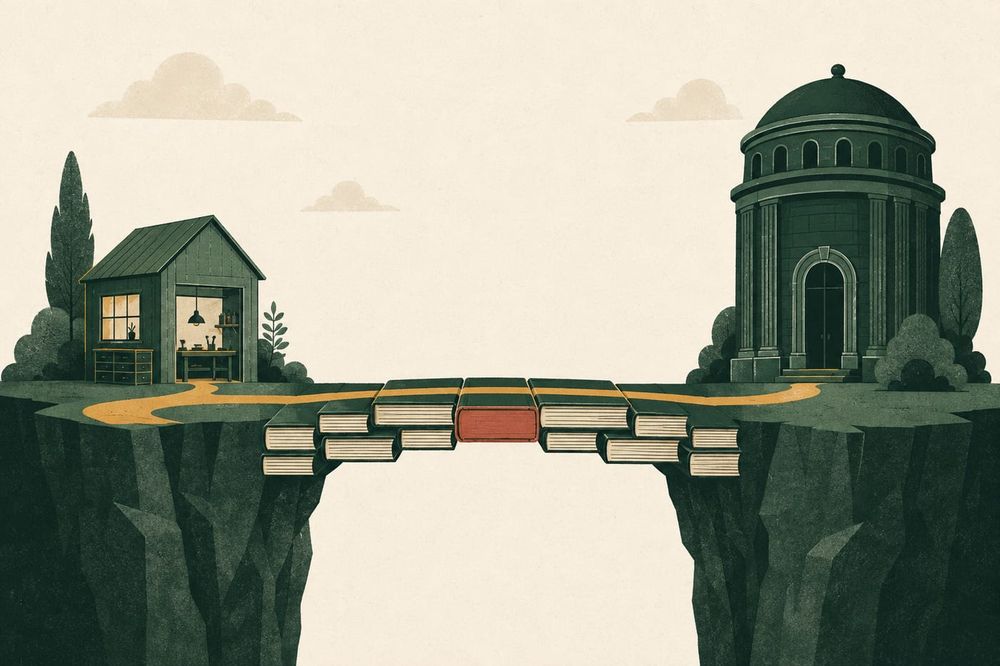 Flat illustration of a bridge built from stacked ledger books, linking a small workshop to a bank across a chasm.