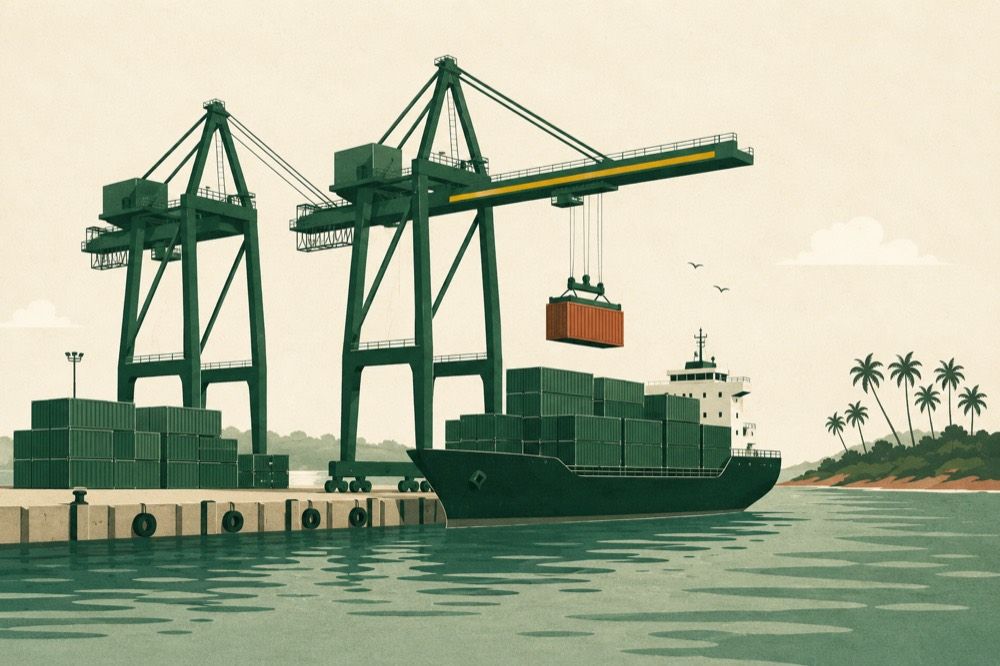 Illustration of gantry cranes loading containers onto a ship on the Goan coast.